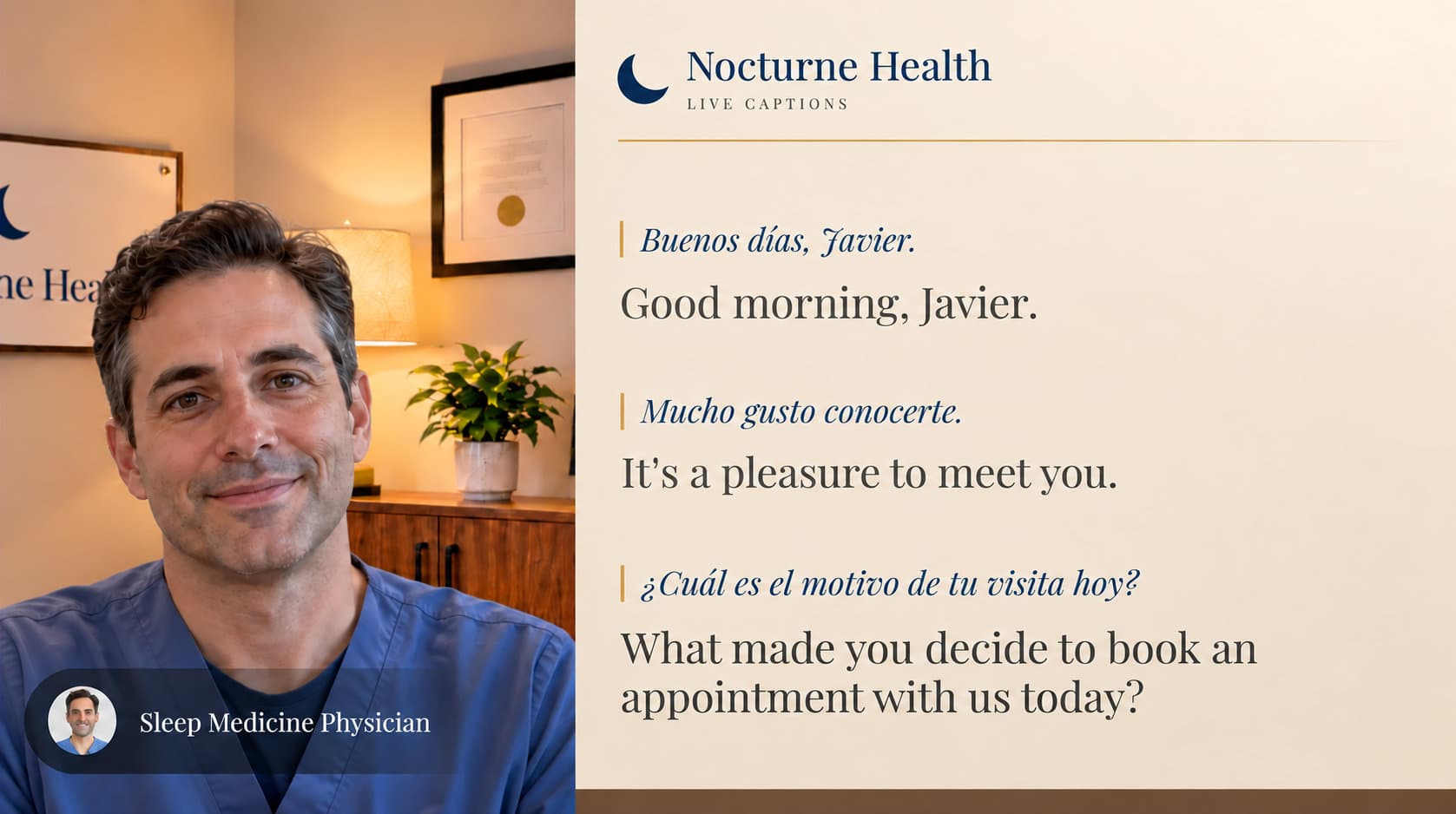 Illustration of a video visit with a physician on the left and a live-caption panel on the right showing the conversation in English and Spanish.