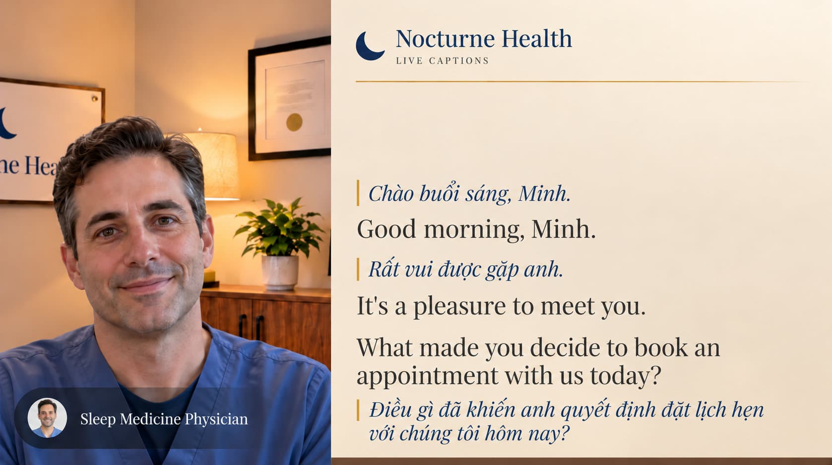 Hình minh họa buổi khám bệnh qua video: bác sĩ ở bên trái, và bảng phụ đề trực tiếp bên phải hiển thị cuộc trò chuyện bằng tiếng Anh và tiếng Việt.